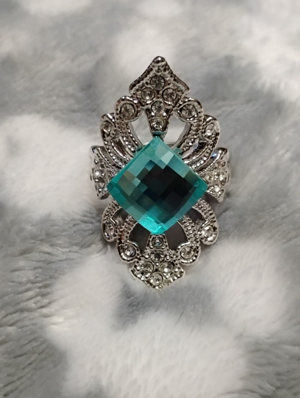Pretty Silver Ring with Teal Square Crystal Stone